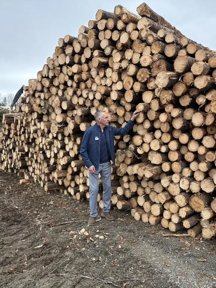 Gaétan beside a stack of harvested logs